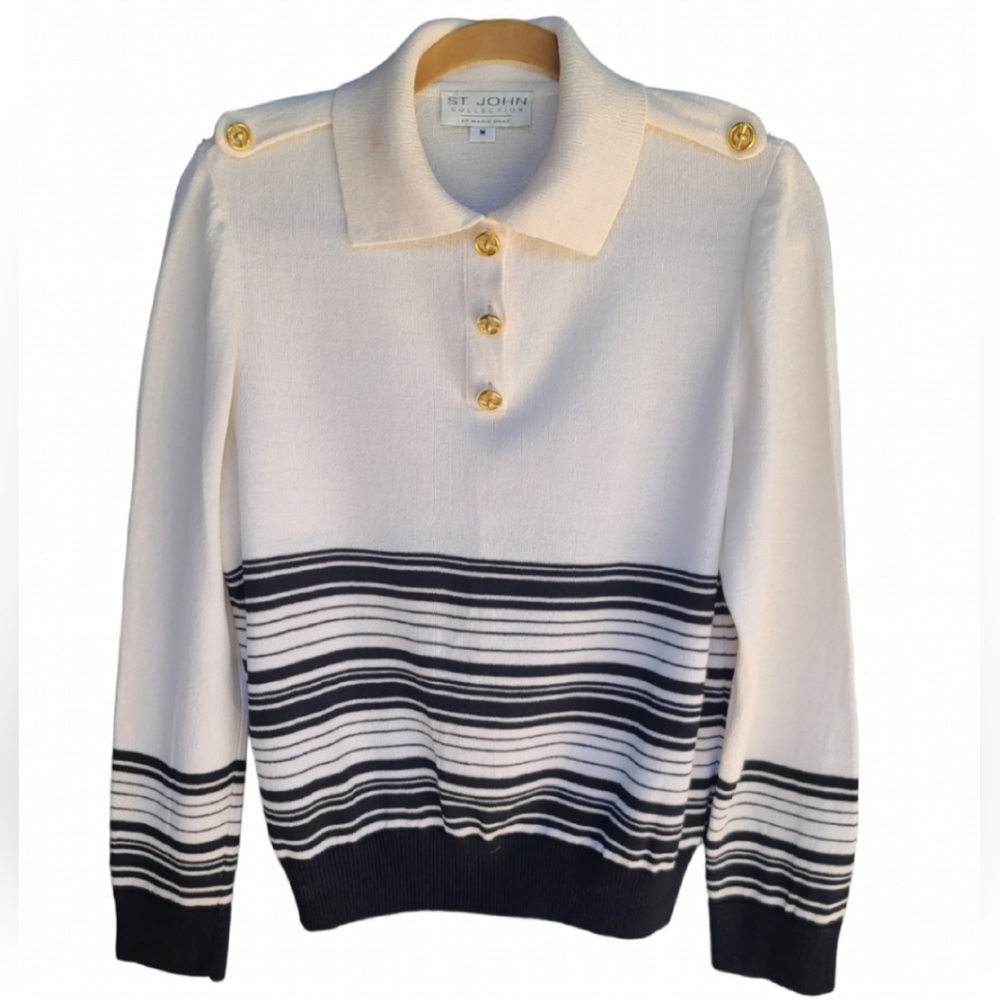 St John Striped Longsleeve Sweater Size M Cream Black